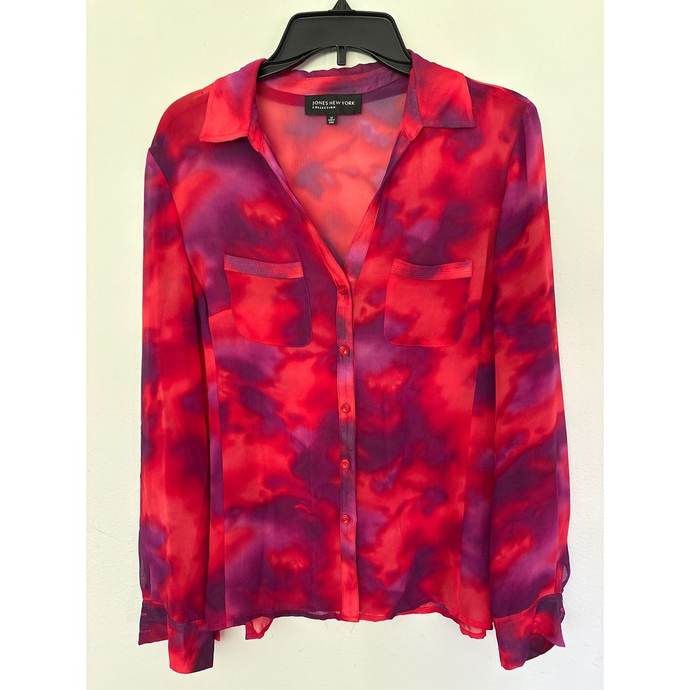 Jones New York Blouse Womens 12 Red Excellent Sheer Watercolor Abstract Shirt